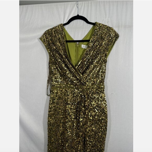 NWT $598 Mac Duggal [ 2 ]‎ Sequined Faux Wrap Cap Sleeve Gown Olive Green #Q714 - Picture 11 of 16
